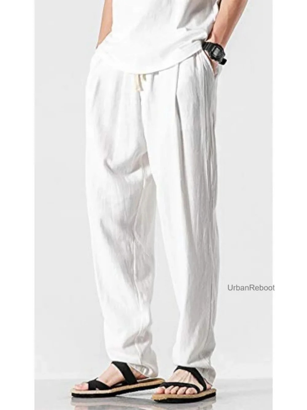 Mens Linen Drawstring Casual Pants Lightweight Beach Summer